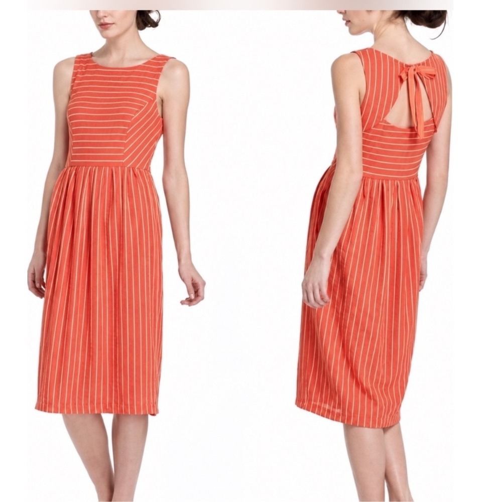 Anthropologie Postmark Orange Ribbon Striped Midi Dress Back Tie Bow Large